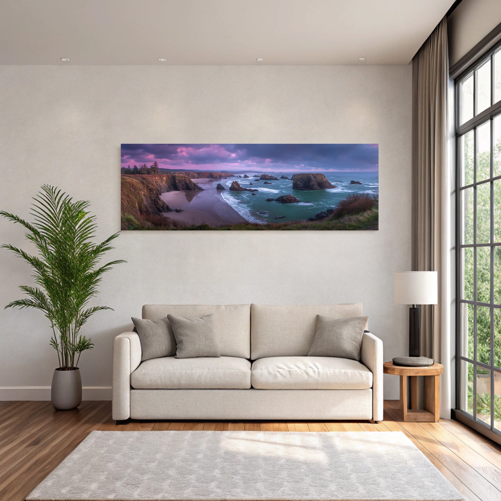 Forests and meadows, coastal landscape, panoramic view with rocks, sandy beach and cliffs