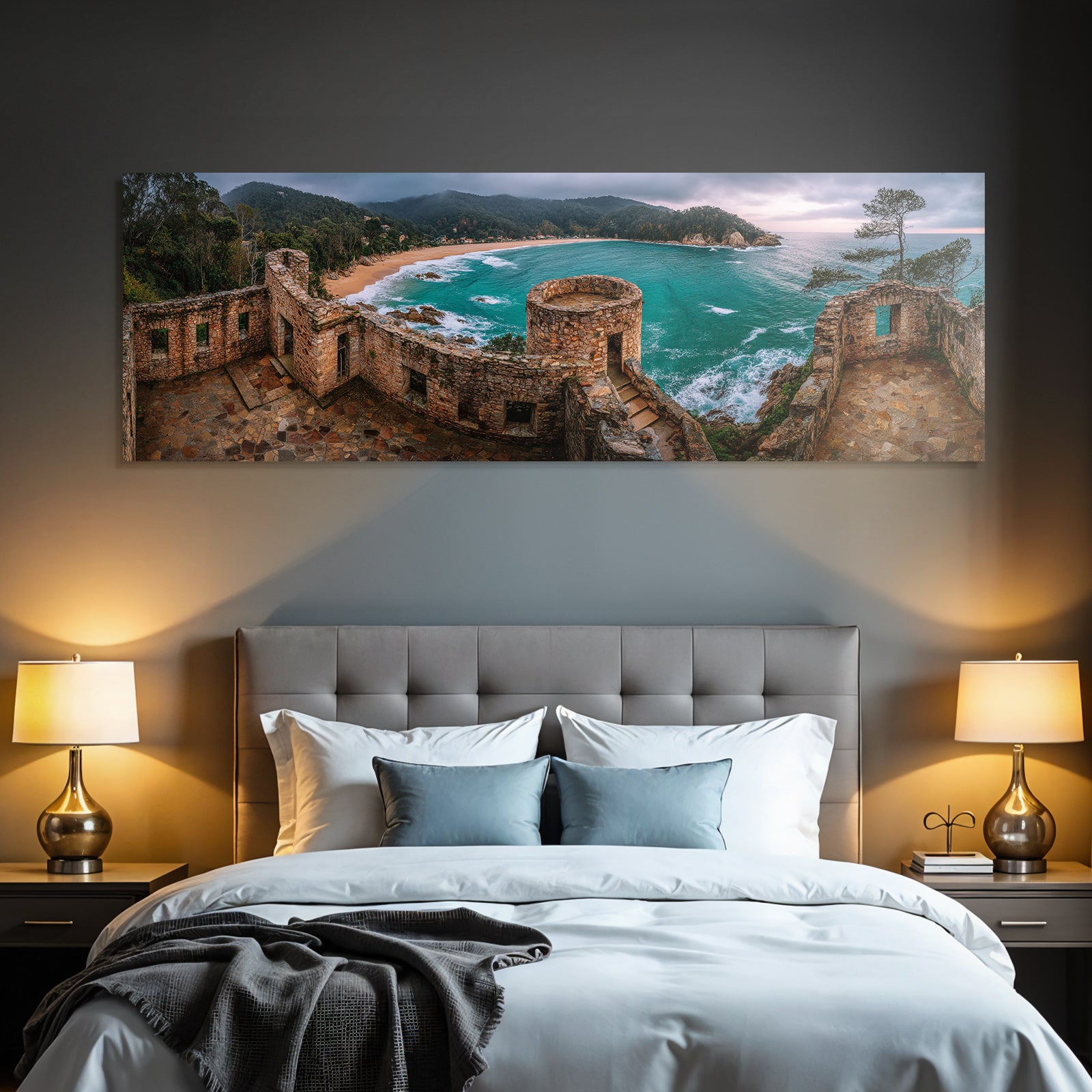 Forests and meadows Coastal panorama Ruins Stone buildings Over bay with turquoise water