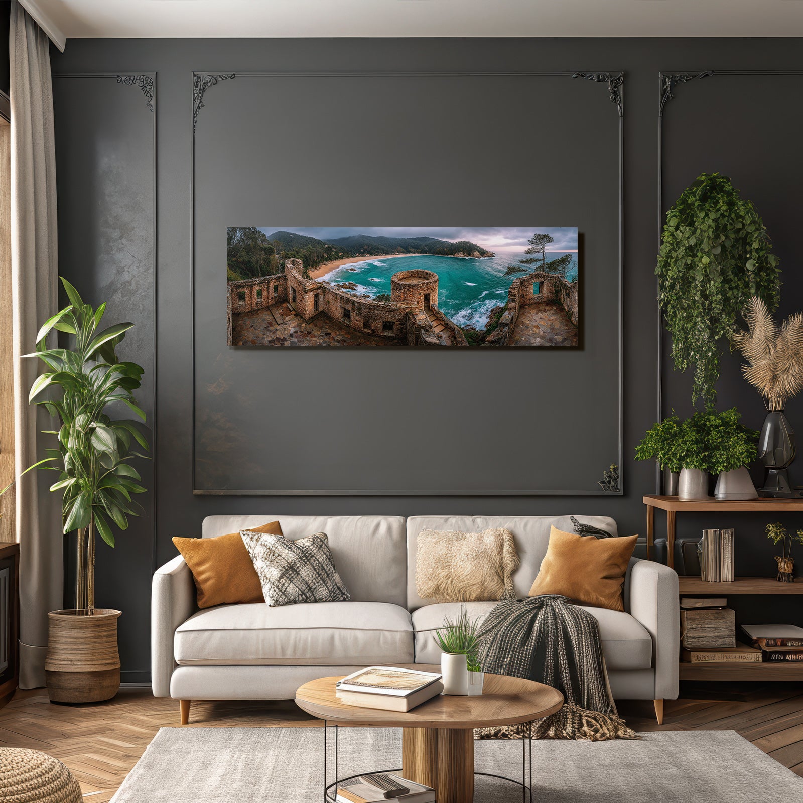 Forests and meadows Coastal panorama Ruins Stone buildings Over bay with turquoise water