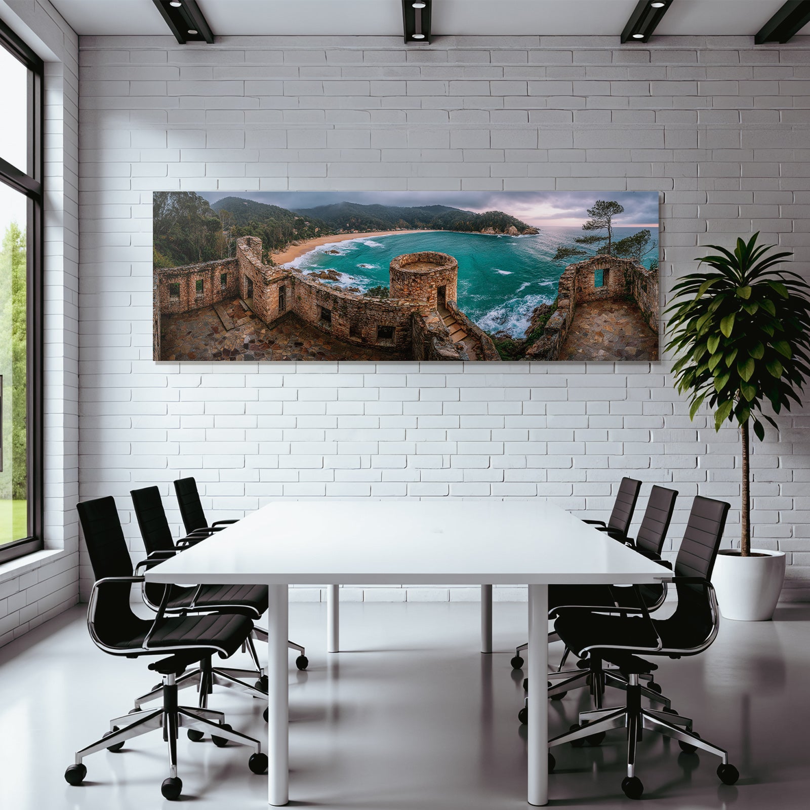 Forests and meadows Coastal panorama Ruins Stone buildings Over bay with turquoise water