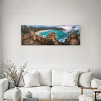 Forests and meadows Coastal panorama Ruins Stone buildings Over bay with turquoise water