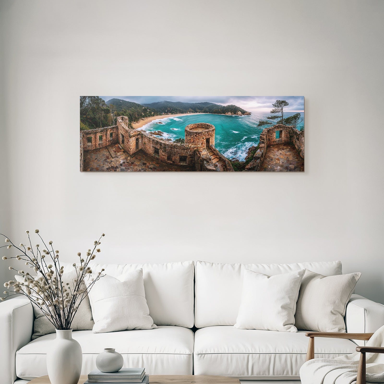 Forests and meadows Coastal panorama Ruins Stone buildings Over bay with turquoise water