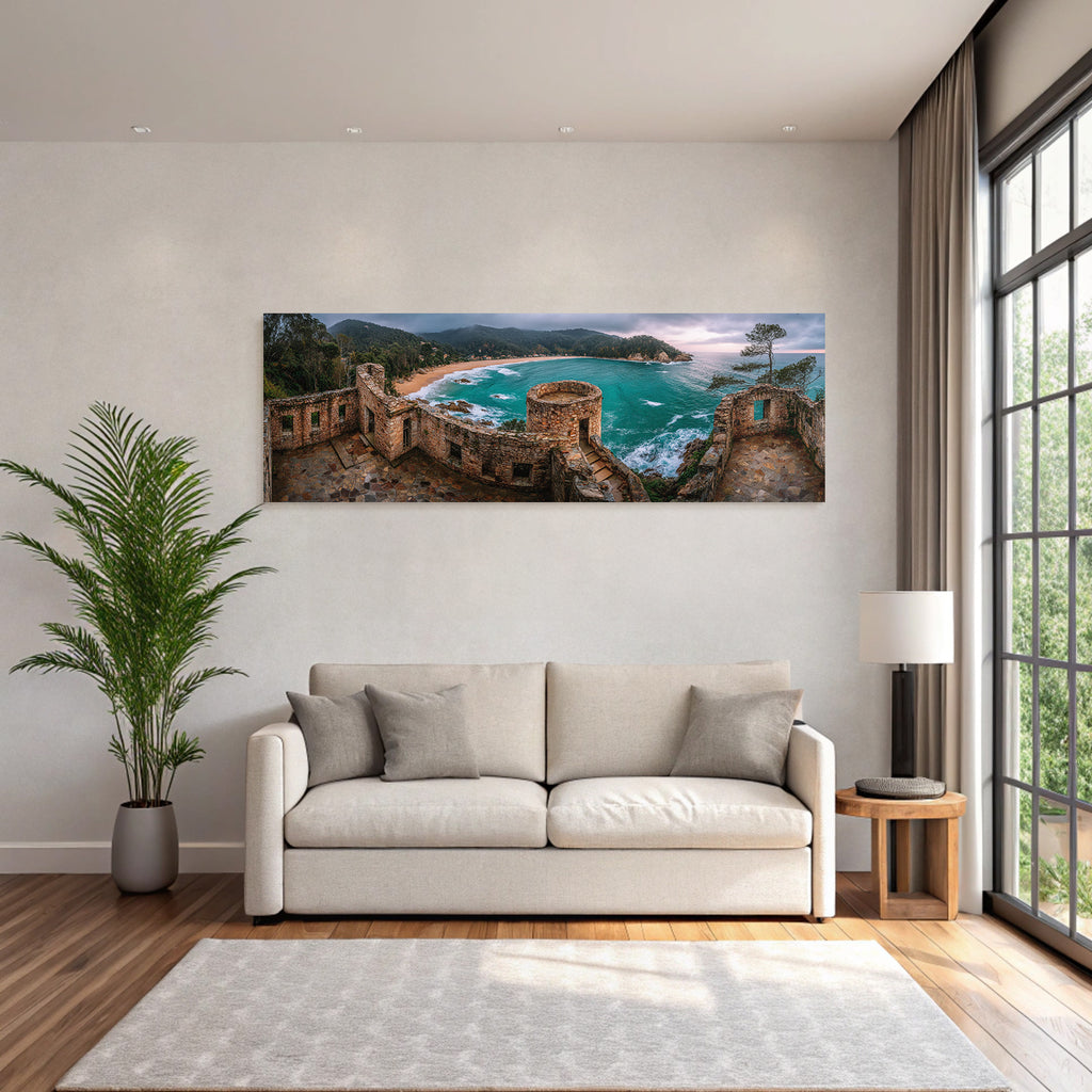 Forests and meadows Coastal panorama Ruins Stone buildings Over bay with turquoise water