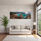 Forests and meadows Coastal panorama Ruins Stone buildings Over bay with turquoise water