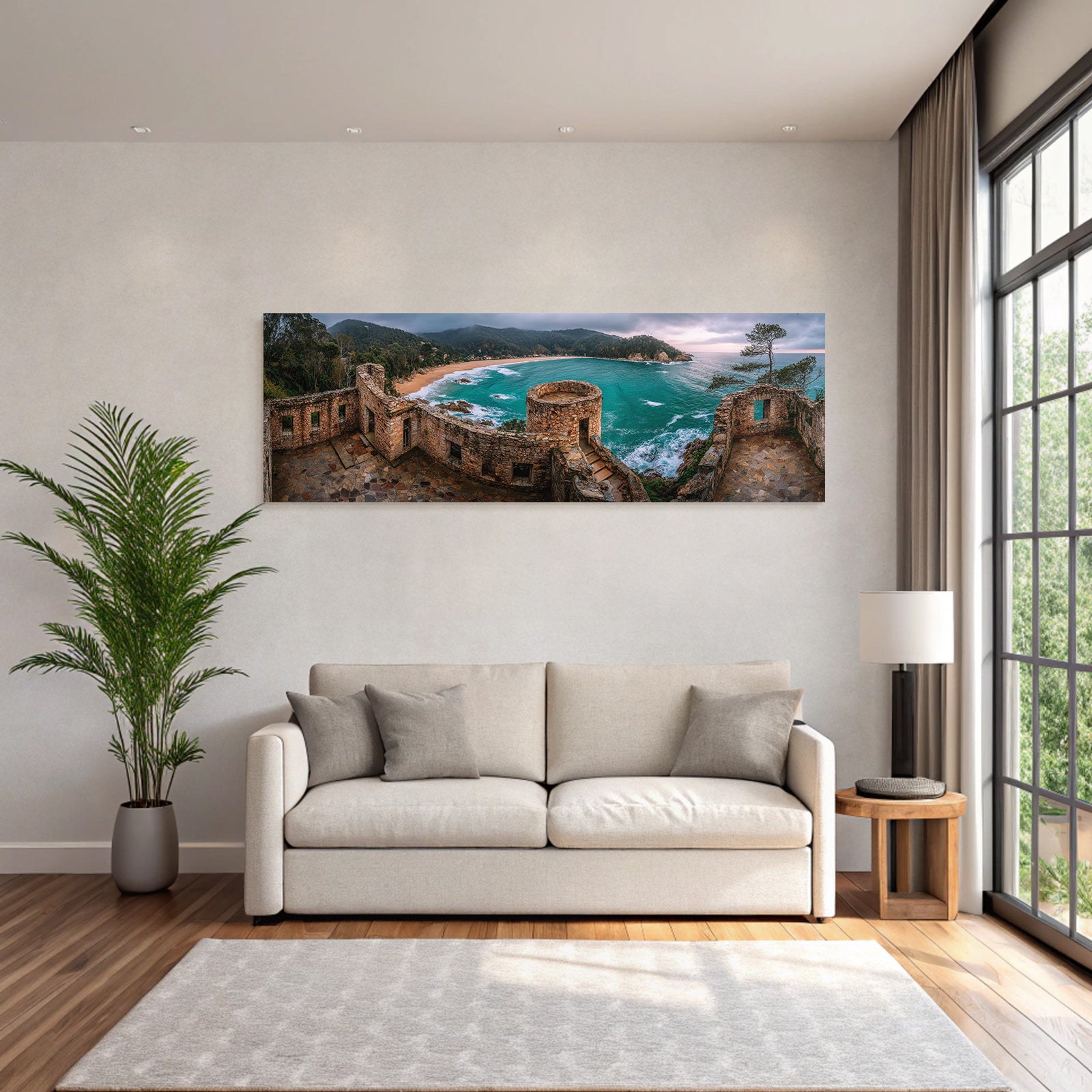 Forests and meadows Coastal panorama Ruins Stone buildings Over bay with turquoise water