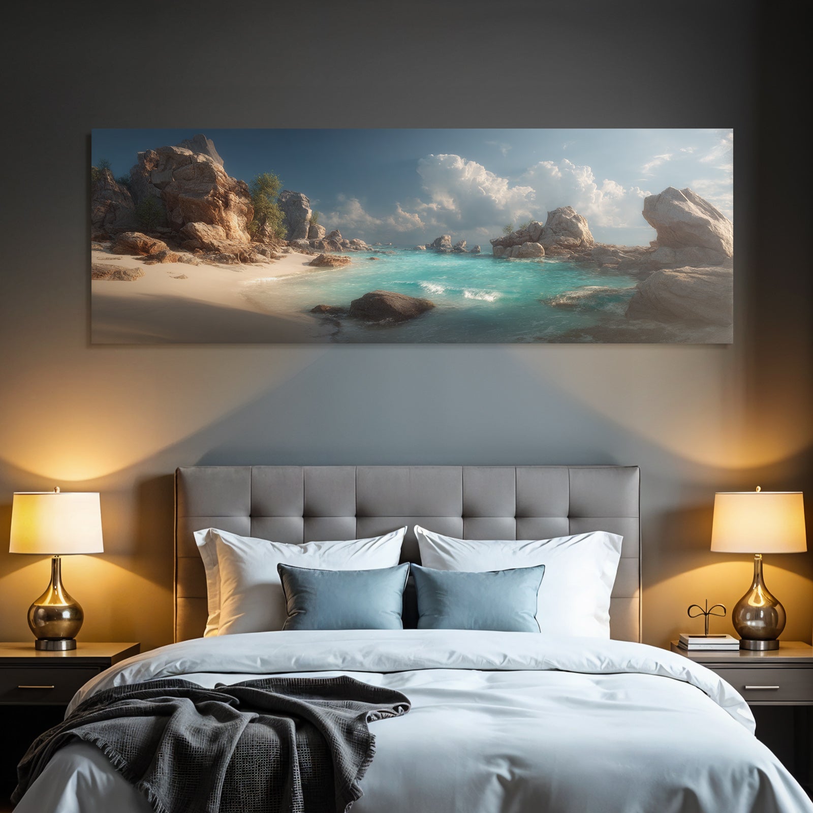 Forests and meadows coastal scene with turquoise water and stones