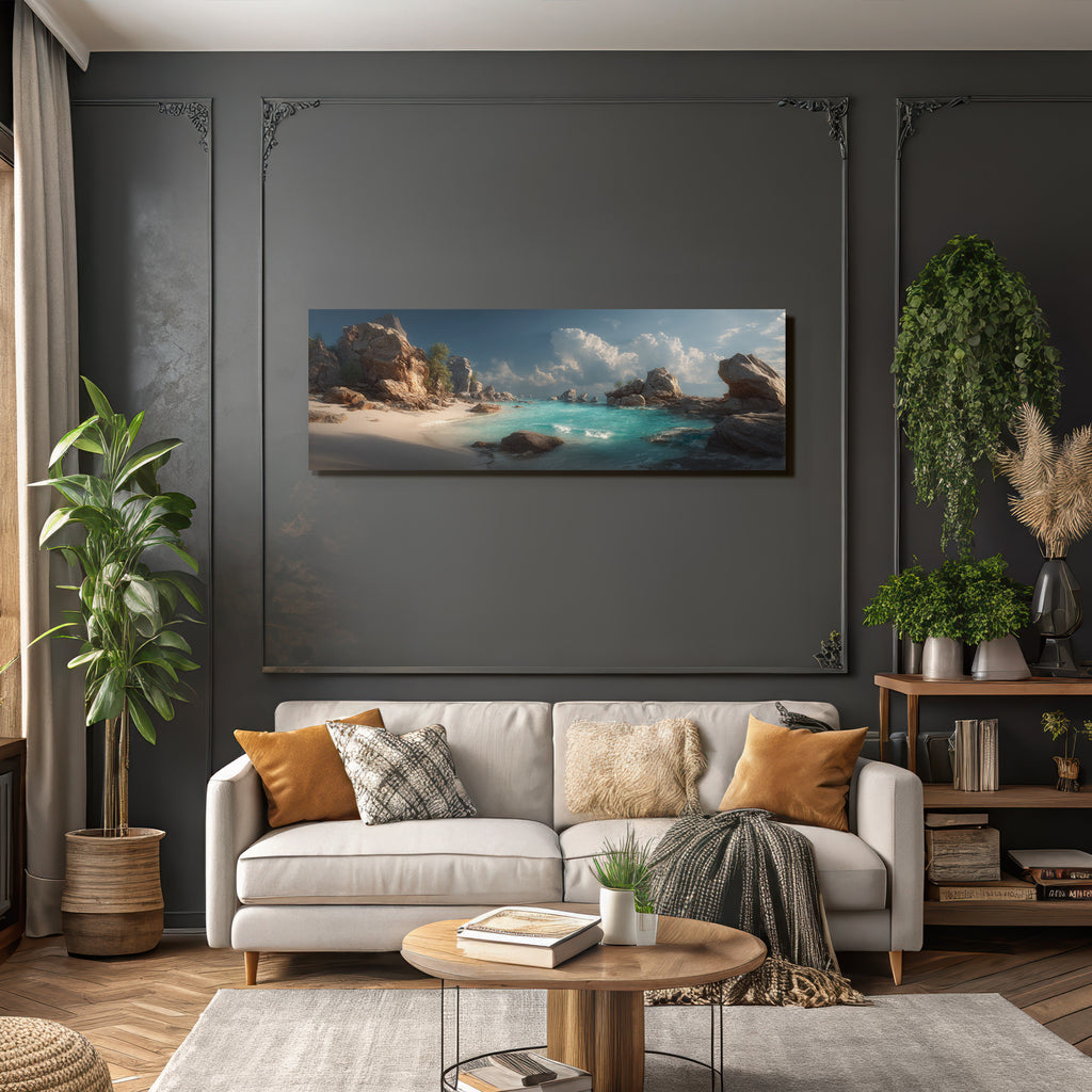 Forests and meadows coastal scene with turquoise water and stones