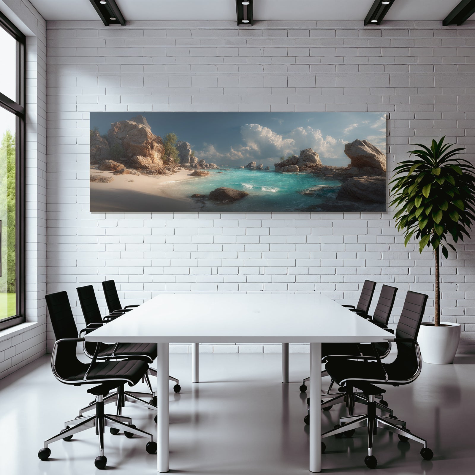 Forests and meadows coastal scene with turquoise water and stones