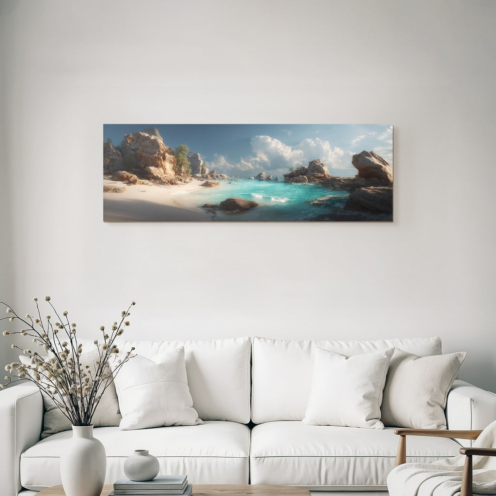 Forests and meadows coastal scene with turquoise water and stones
