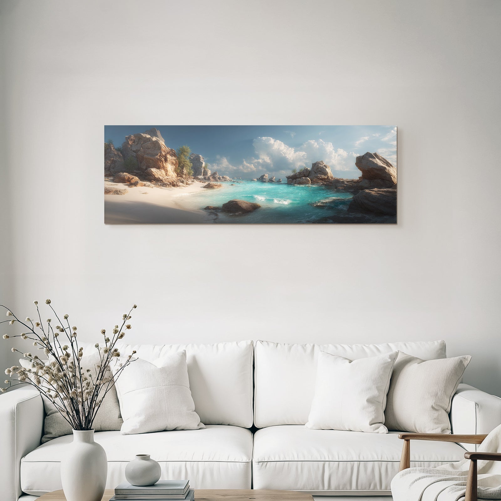 Forests and meadows coastal scene with turquoise water and stones