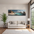 Forests and meadows coastal scene with turquoise water and stones