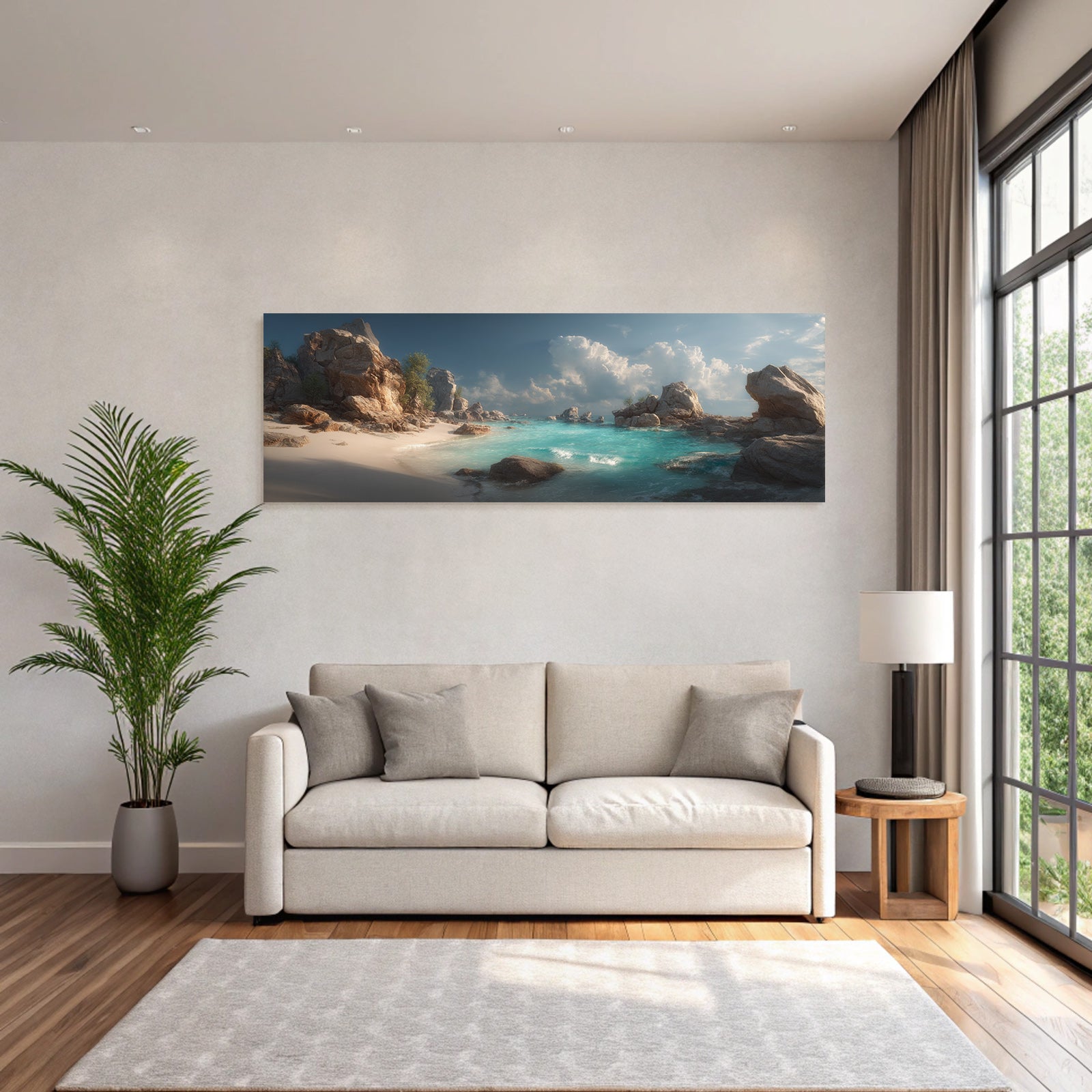 Forests and meadows coastal scene with turquoise water and stones