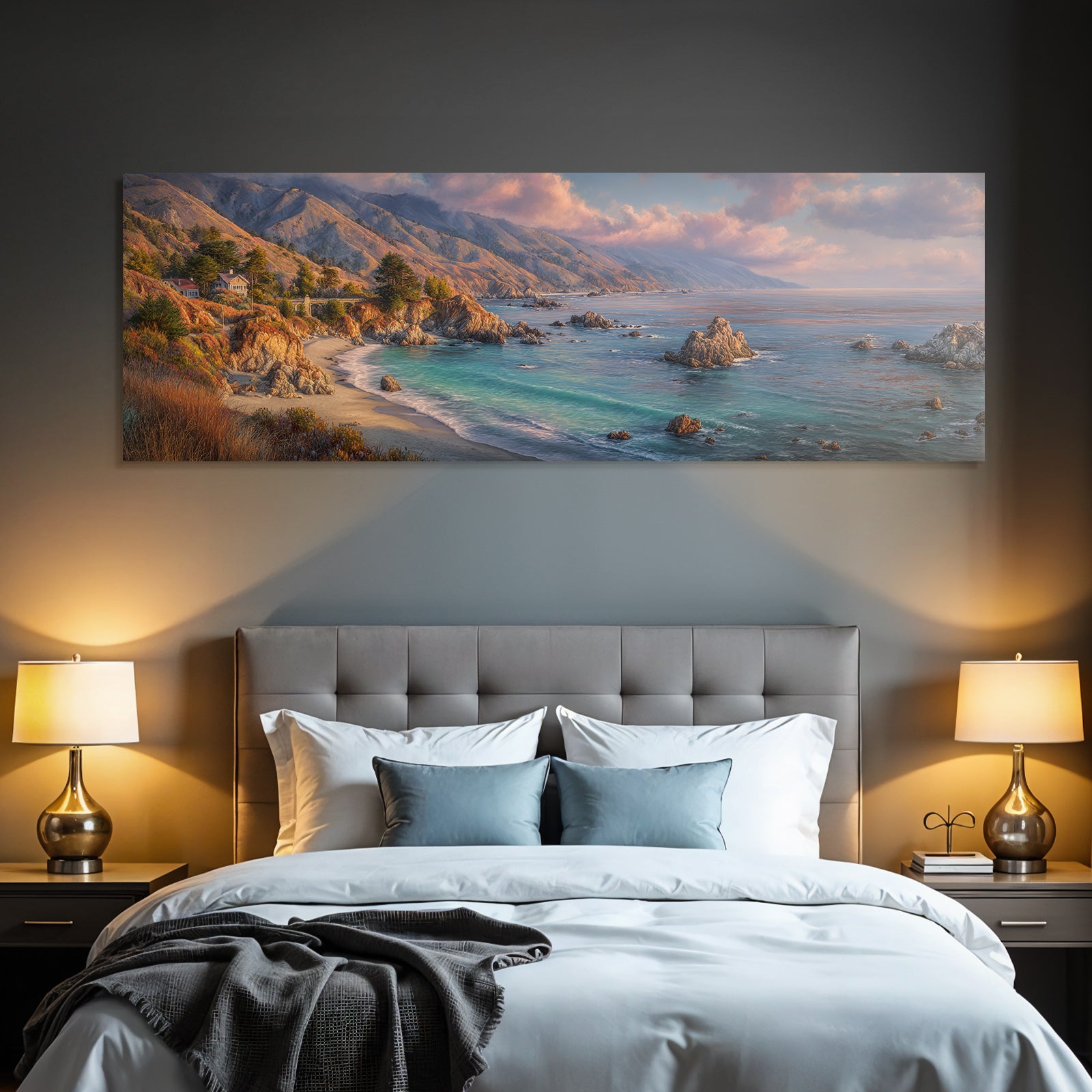 Forests and meadows. Coastal landscape with cliffs and house by the sea at sunrise or sunset.