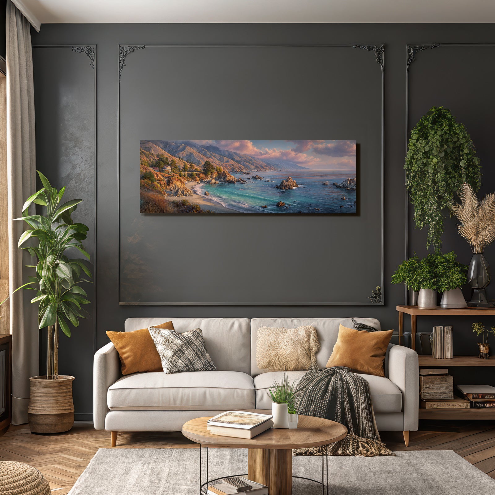 Forests and meadows. Coastal landscape with cliffs and house by the sea at sunrise or sunset.