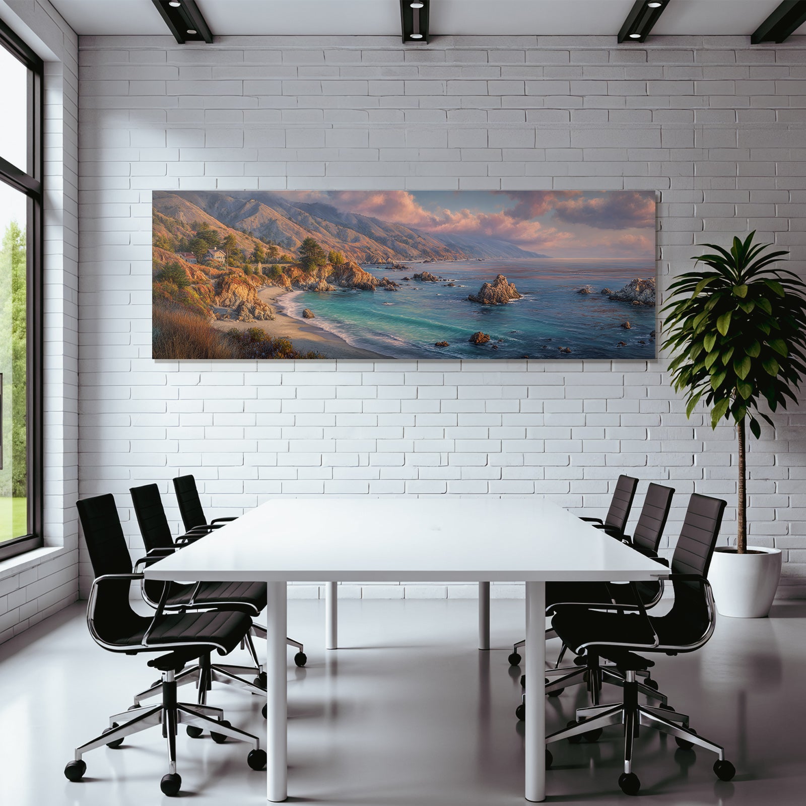 Forests and meadows. Coastal landscape with cliffs and house by the sea at sunrise or sunset.