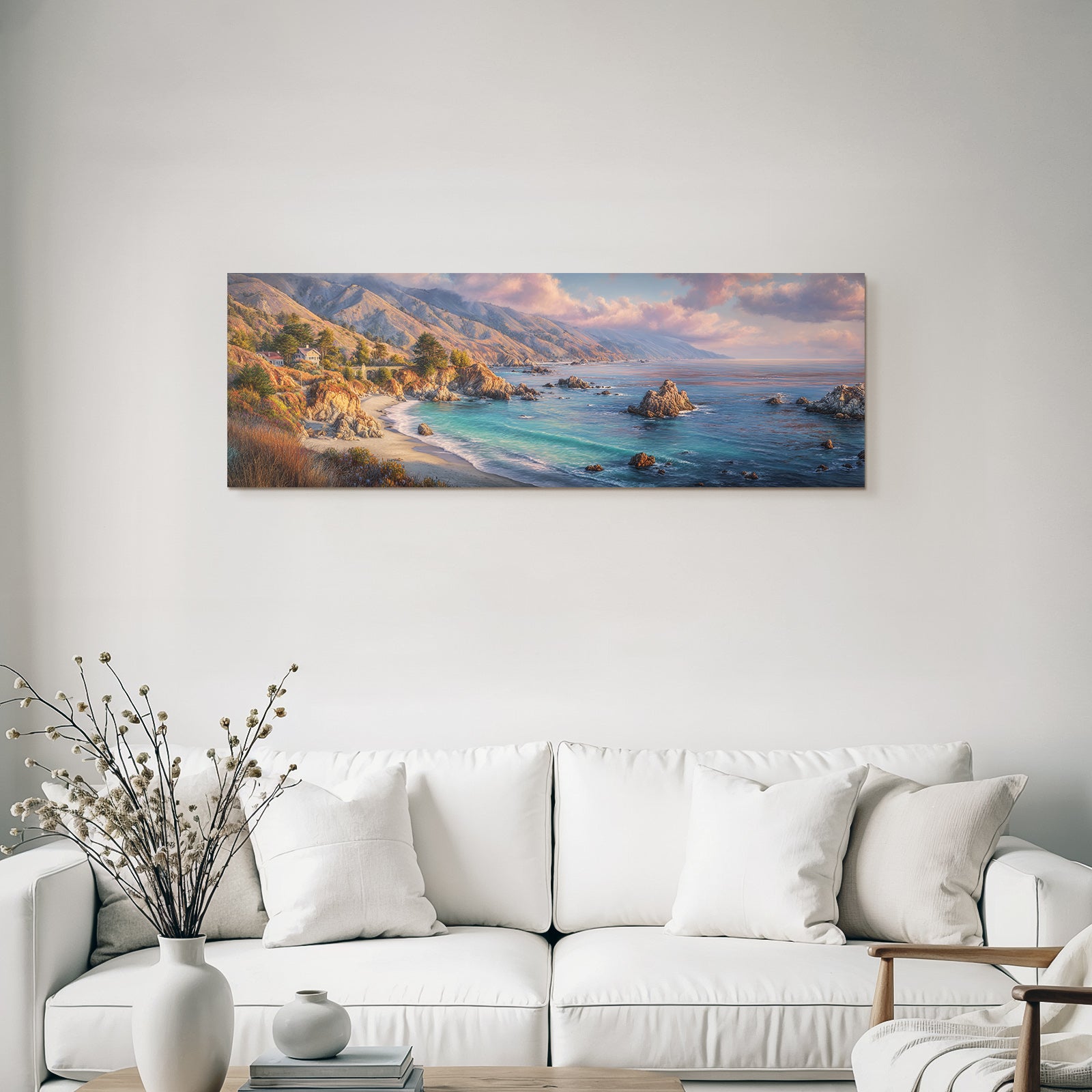 Forests and meadows. Coastal landscape with cliffs and house by the sea at sunrise or sunset.