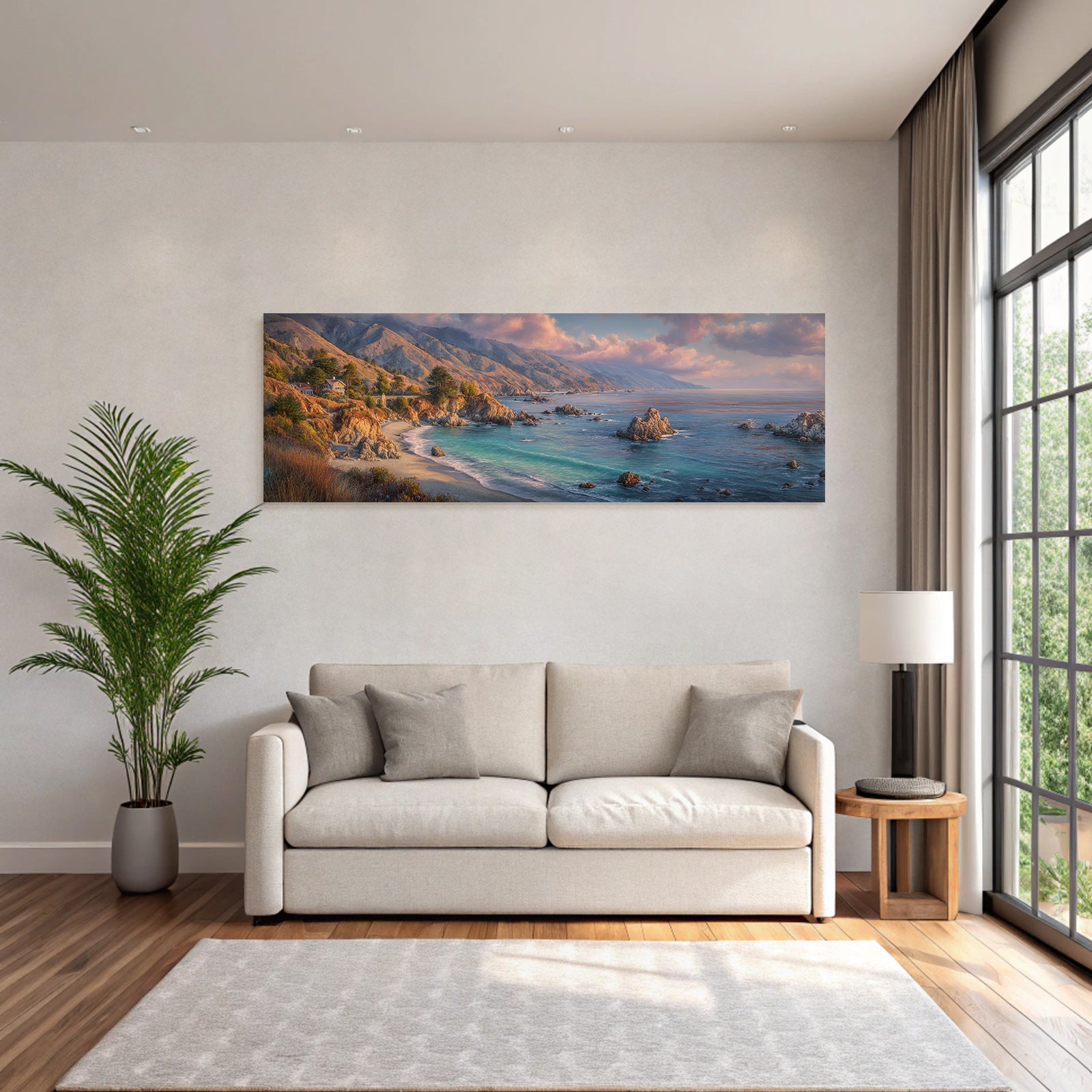 Forests and meadows. Coastal landscape with cliffs and house by the sea at sunrise or sunset.
