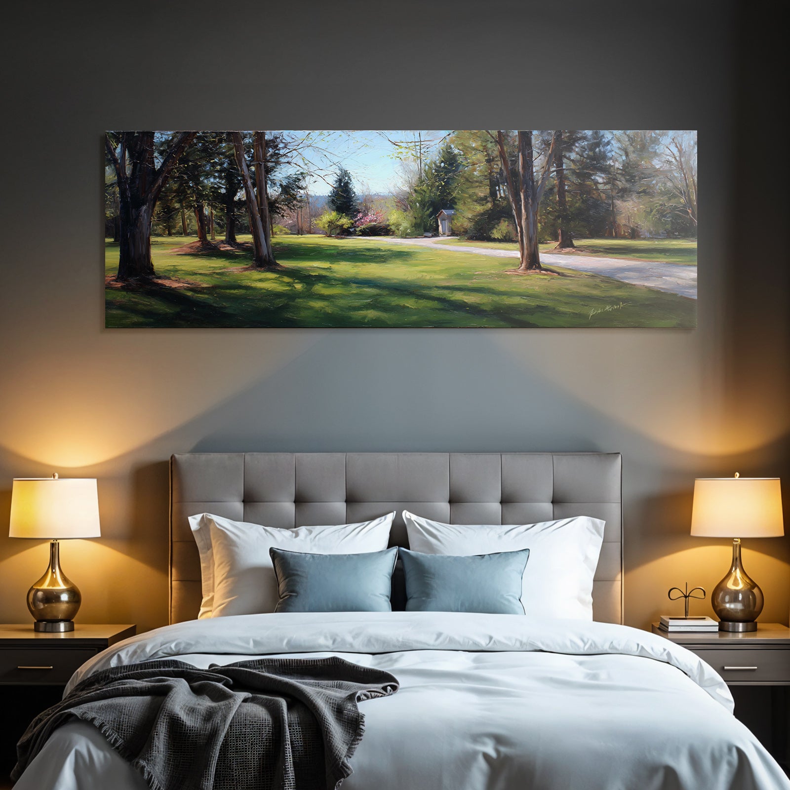 Forests and meadows. Picturesque landscape in the park with trees and paths.
