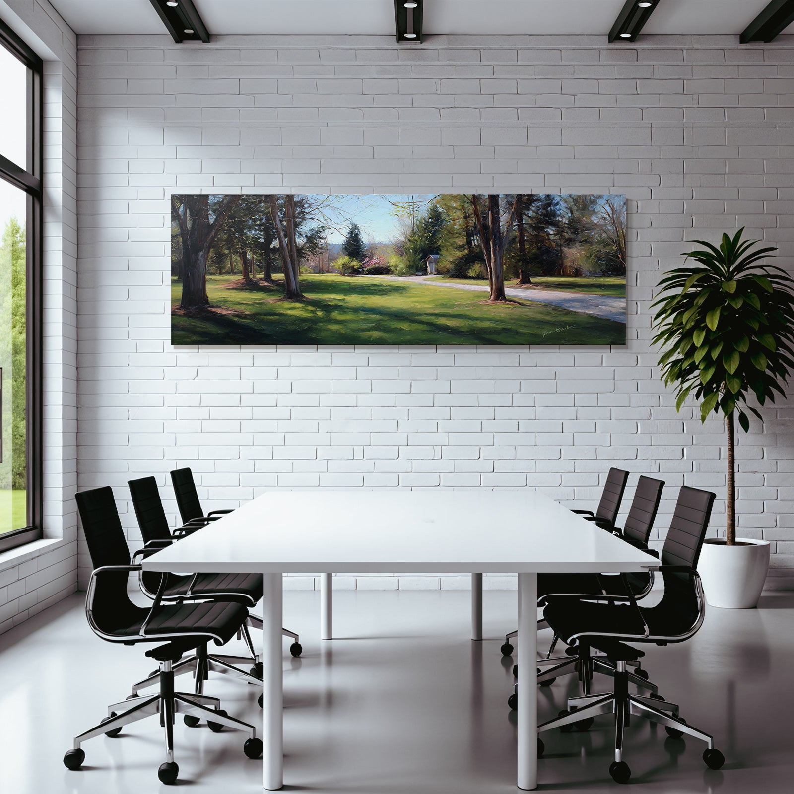 Forests and meadows. Picturesque landscape in the park with trees and paths.