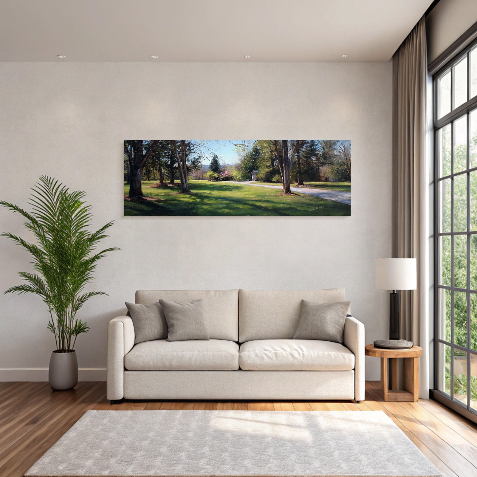 Forests and meadows. Picturesque landscape in the park with trees and paths.