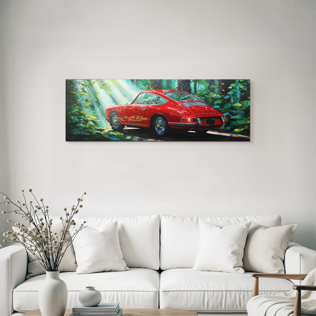 Forests and meadows red car in the forest with sunlight reflections nostalgia