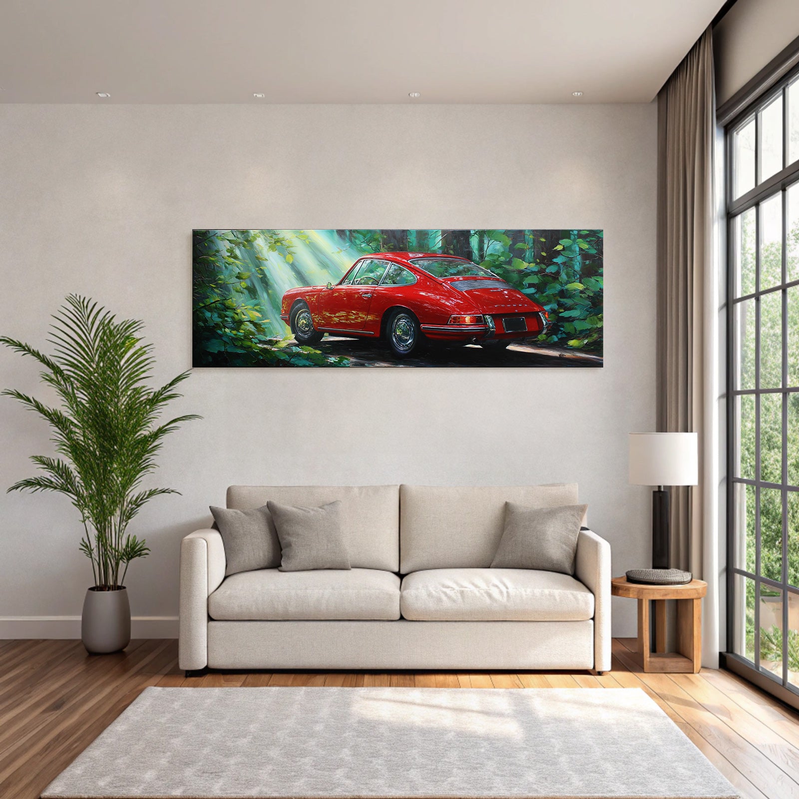 Forests and meadows red car in the forest with sunlight reflections nostalgia