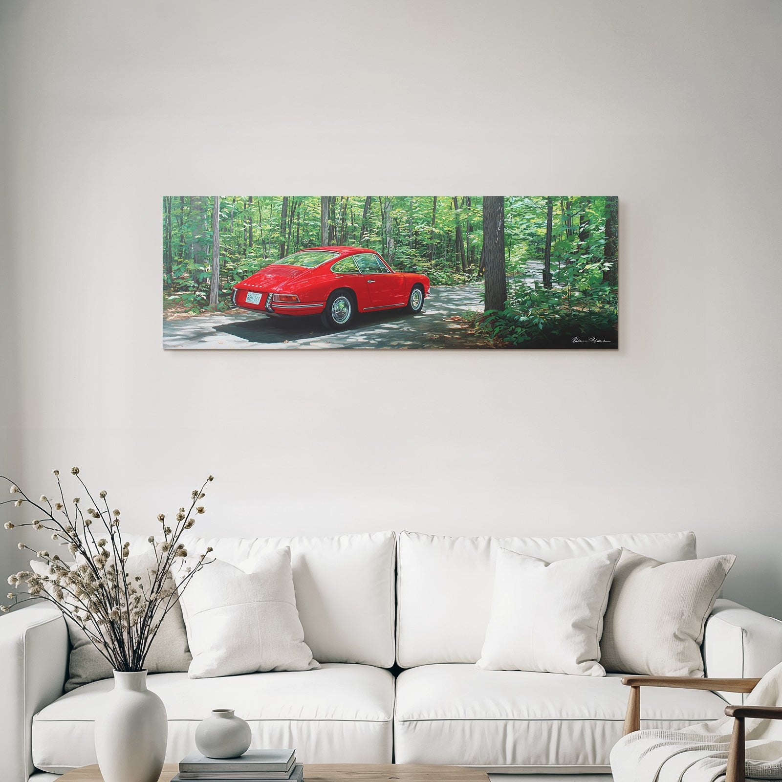 Forests and meadows Red car park on a winding path surrounded by green trees