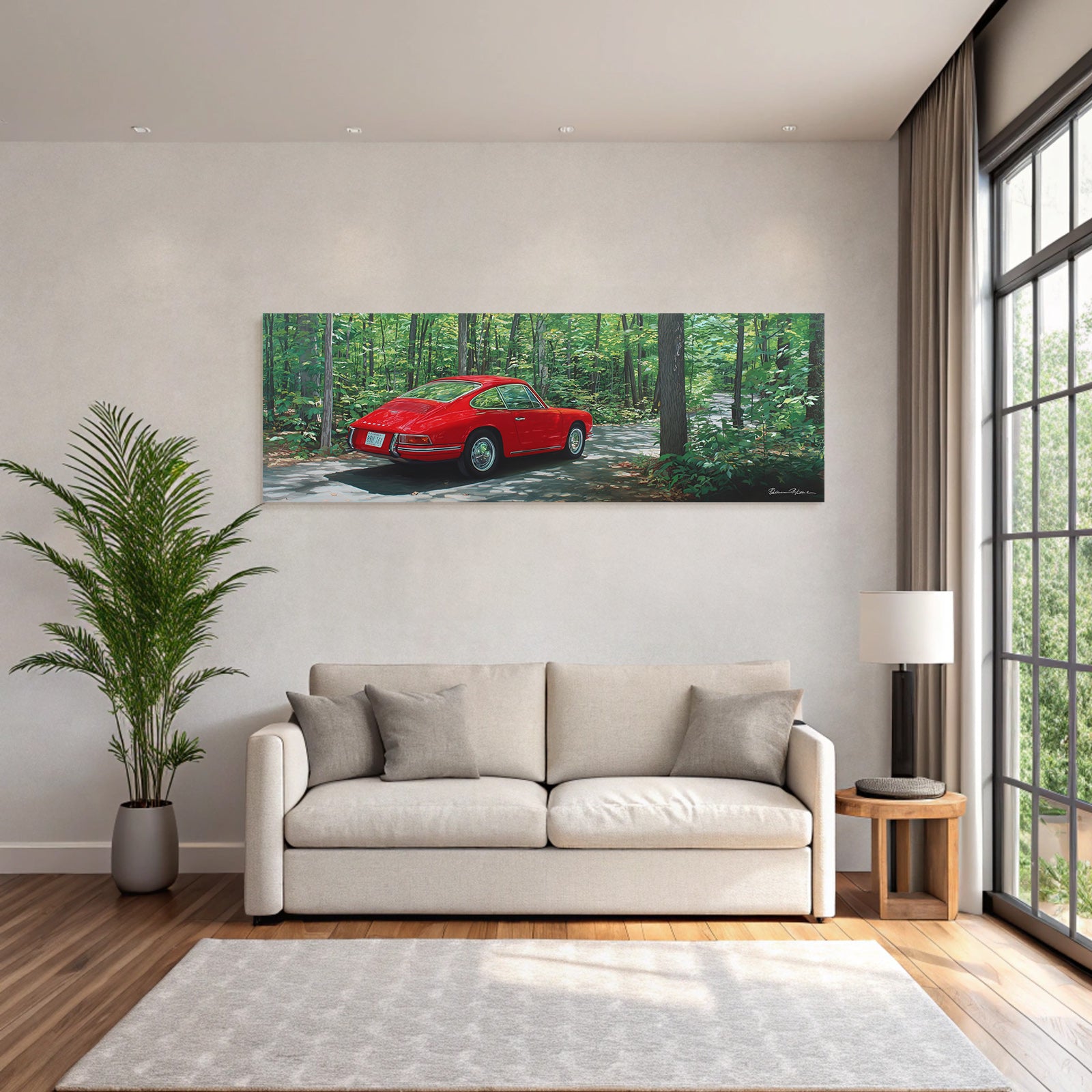 Forests and meadows Red car park on a winding path surrounded by green trees
