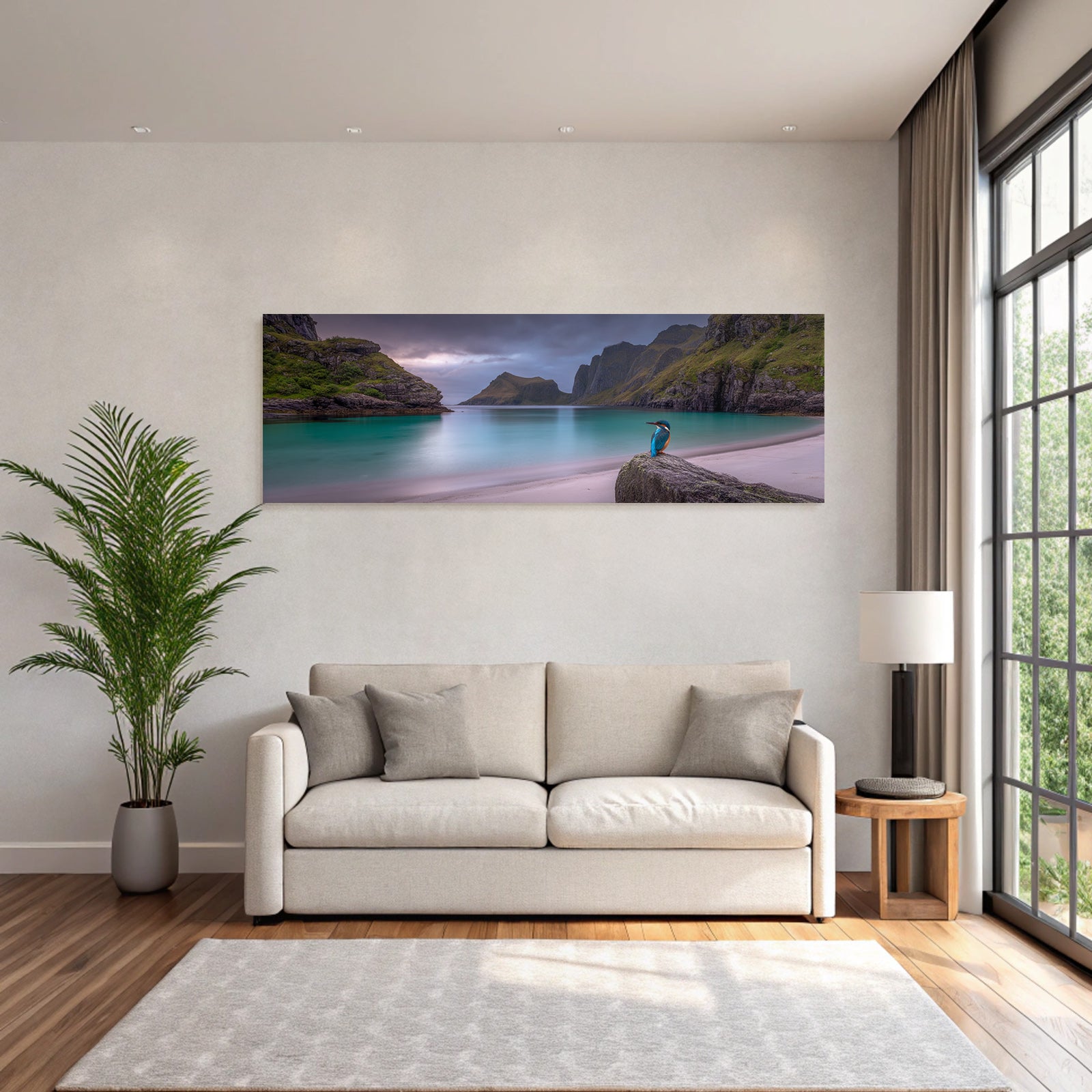Forests and meadows. Quiet coastal landscape with a kingfisher on a rock.