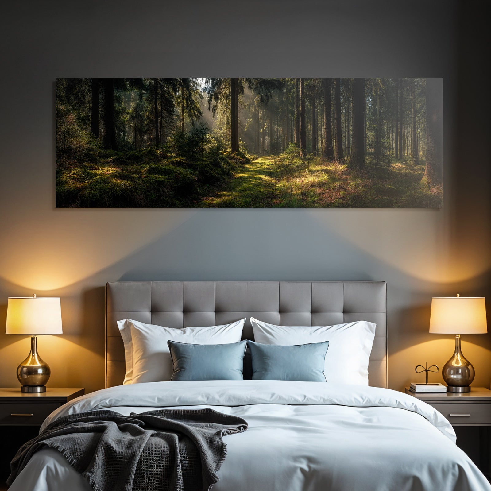 Forests and meadows. Tranquil woodland landscape with mossy path illuminated by sunlight.