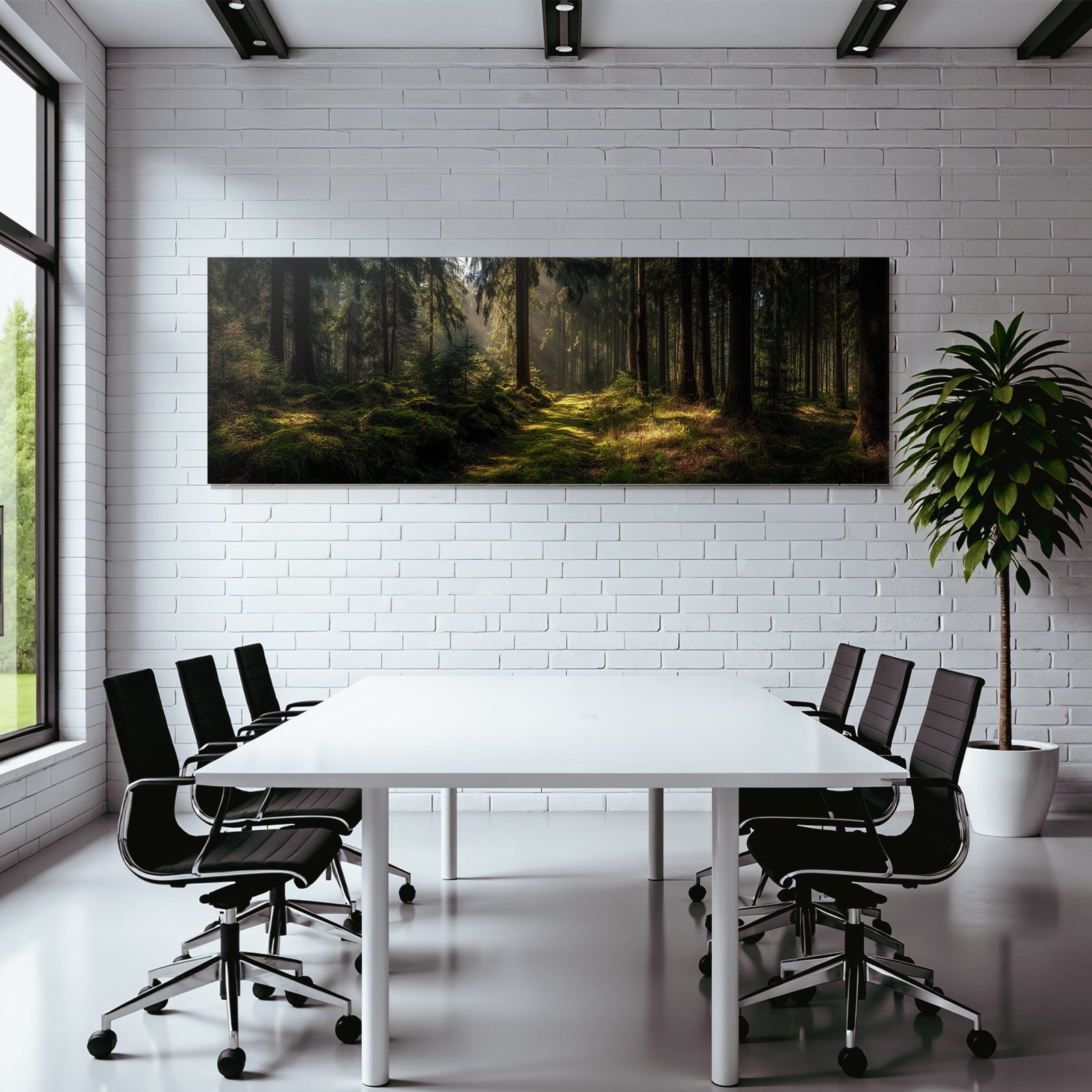 Forests and meadows. Tranquil woodland landscape with mossy path illuminated by sunlight.