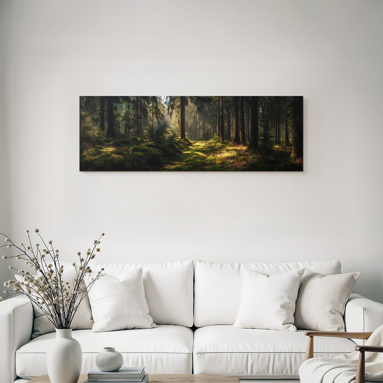 Forests and meadows. Tranquil woodland landscape with mossy path illuminated by sunlight.