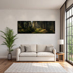 Forests and meadows. Tranquil woodland landscape with mossy path illuminated by sunlight.