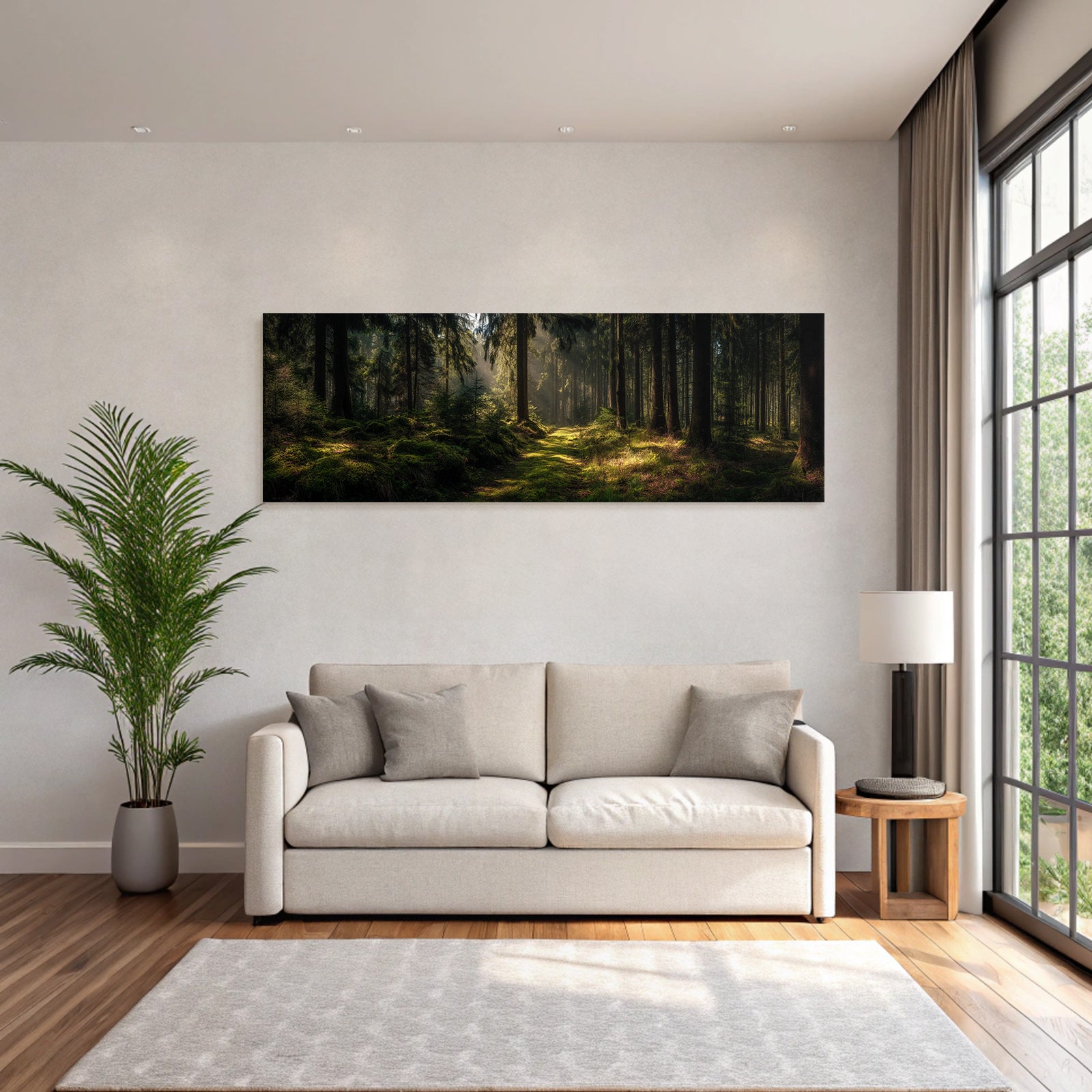 Forests and meadows. Tranquil woodland landscape with mossy path illuminated by sunlight.