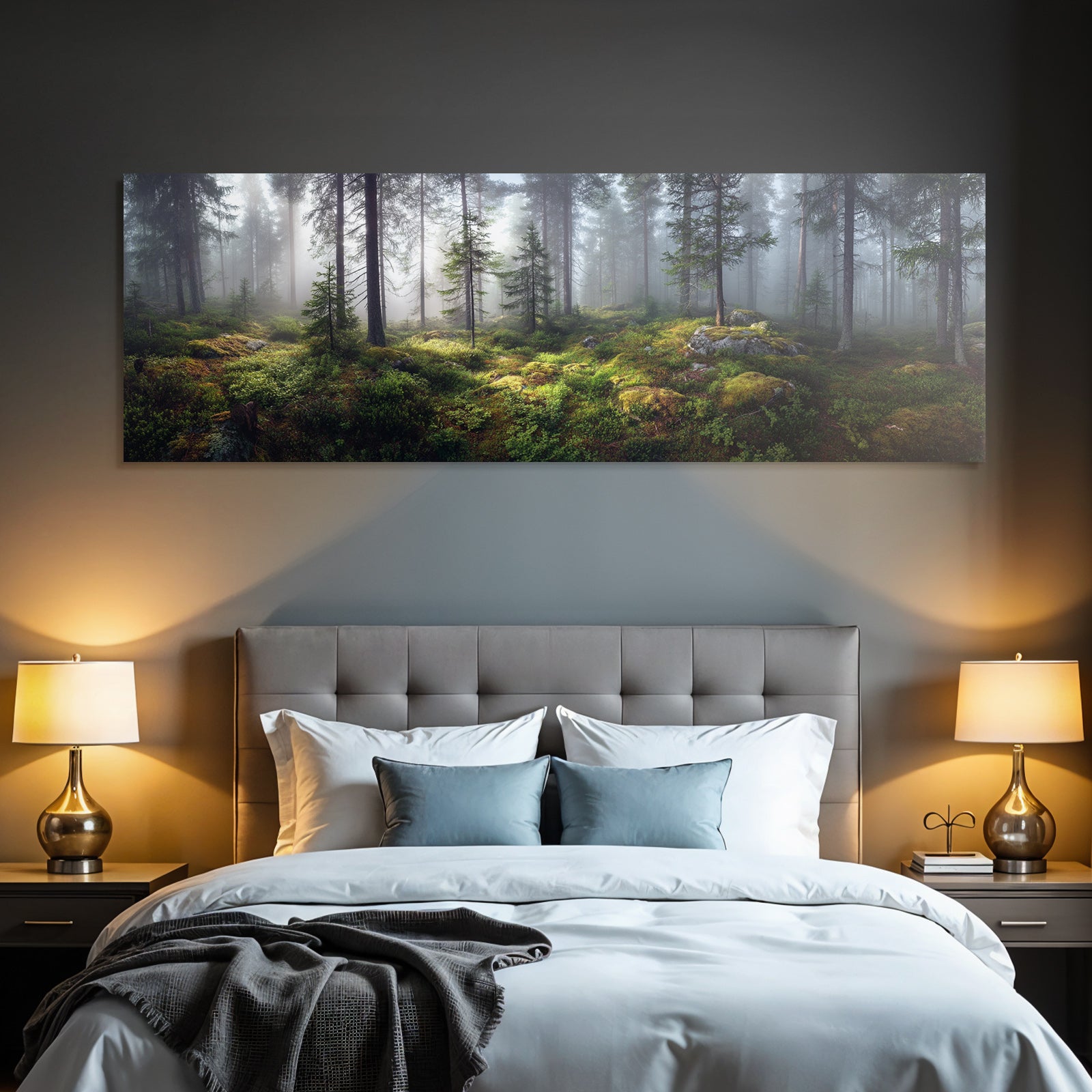 Forests and meadows. Quiet forest landscape with fog and green light.