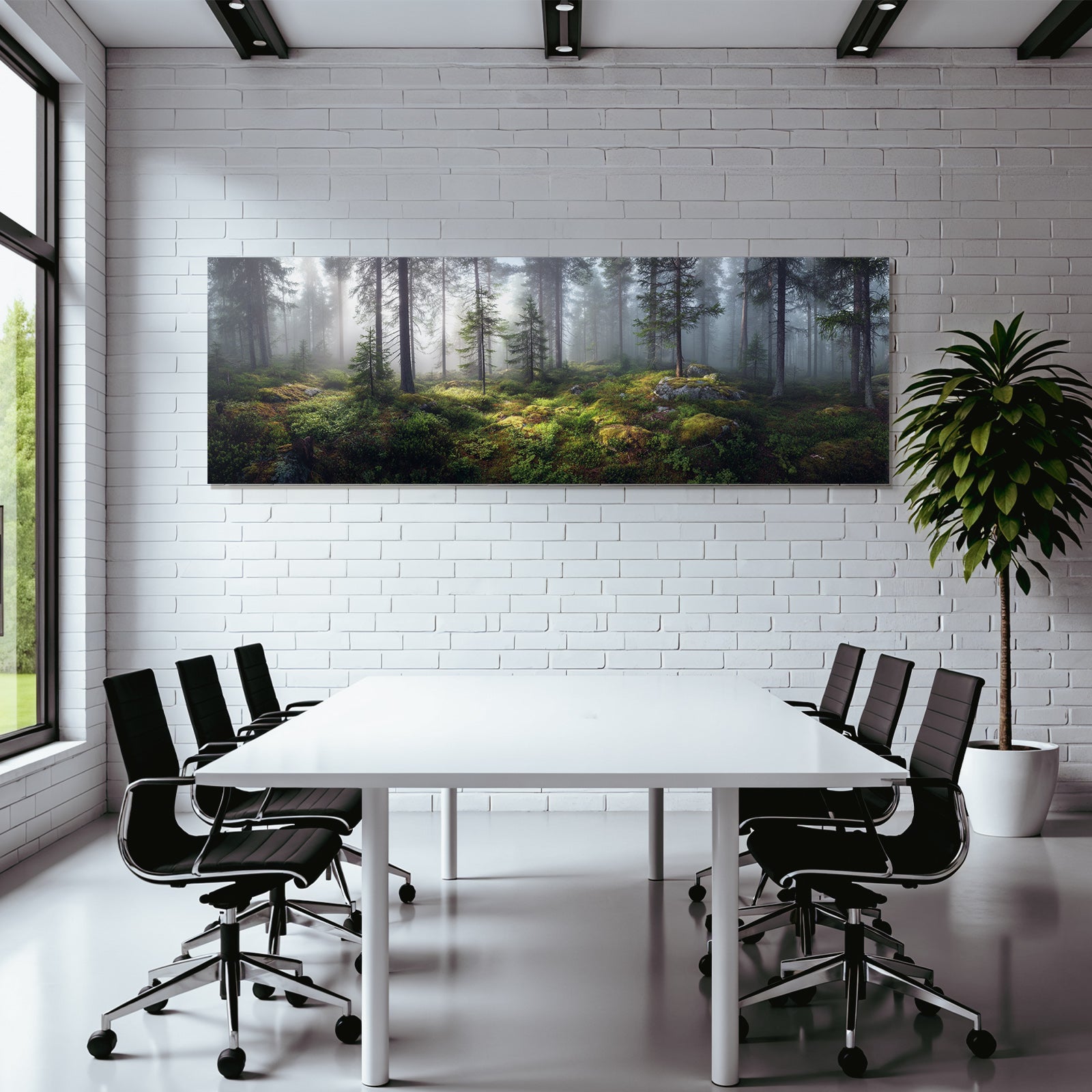 Forests and meadows. Quiet forest landscape with fog and green light.