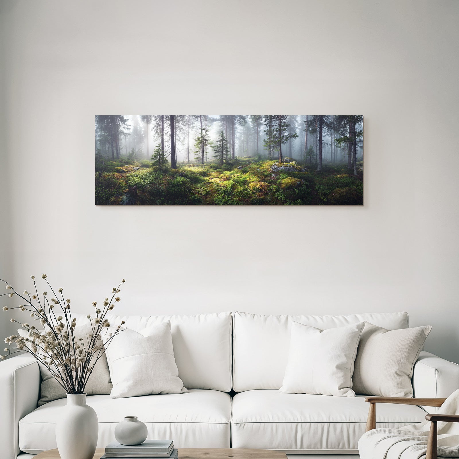 Forests and meadows. Quiet forest landscape with fog and green light.