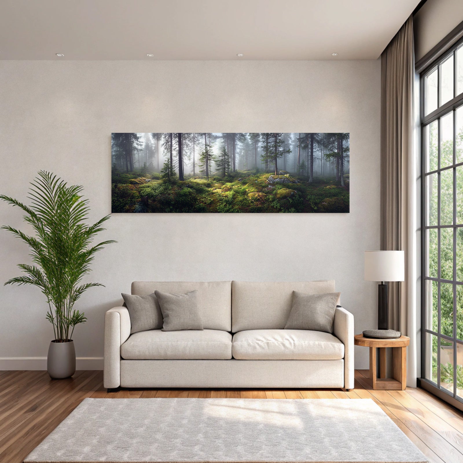 Forests and meadows. Quiet forest landscape with fog and green light.