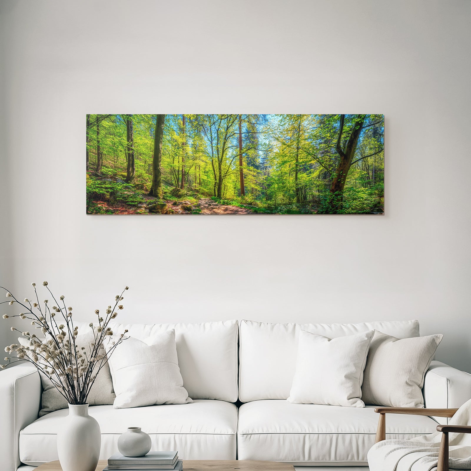 Forests and meadows. Quiet forest path with green foliage and sunlight.