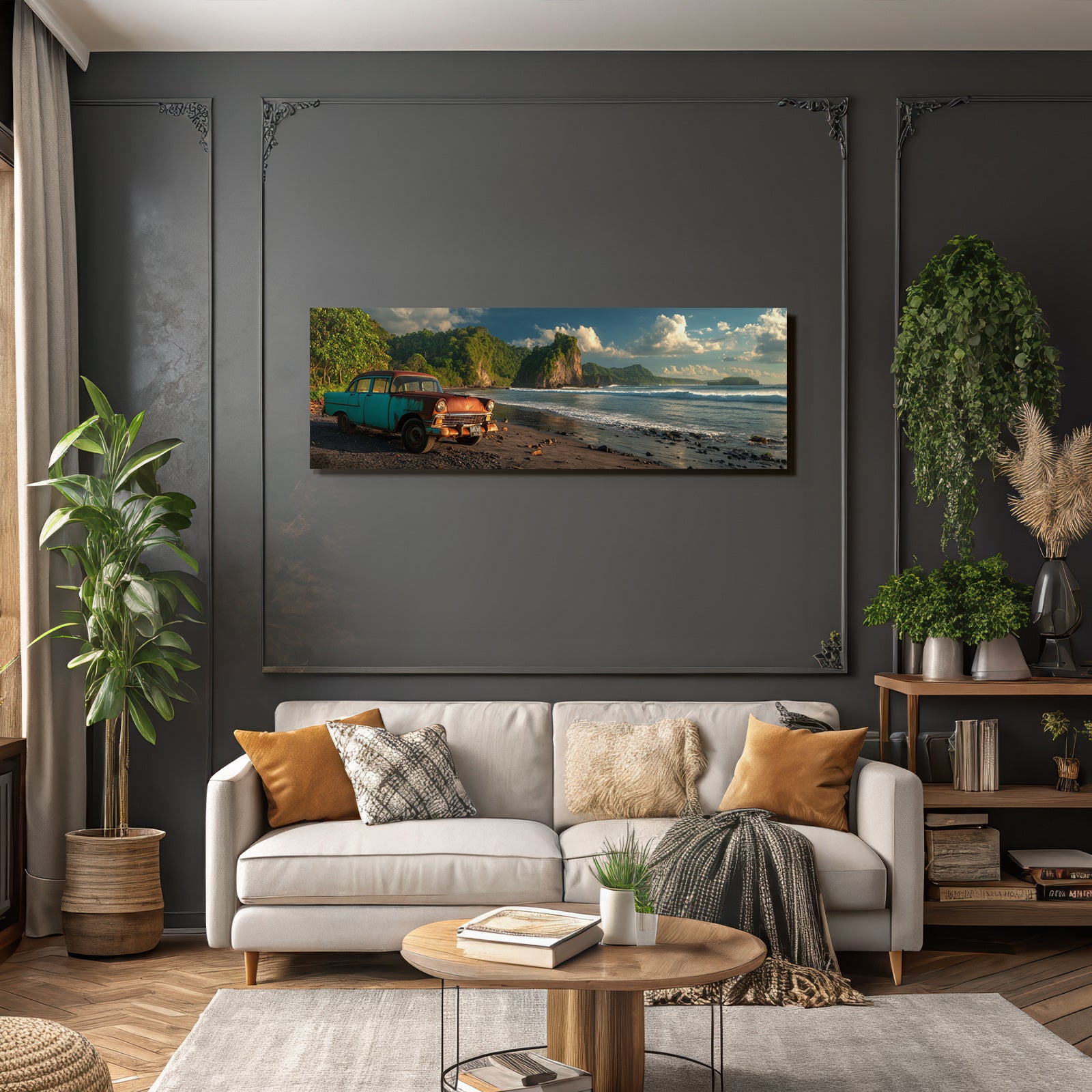 Forests and meadows. Vintage car on the beach with rocks and green plants at sunset.