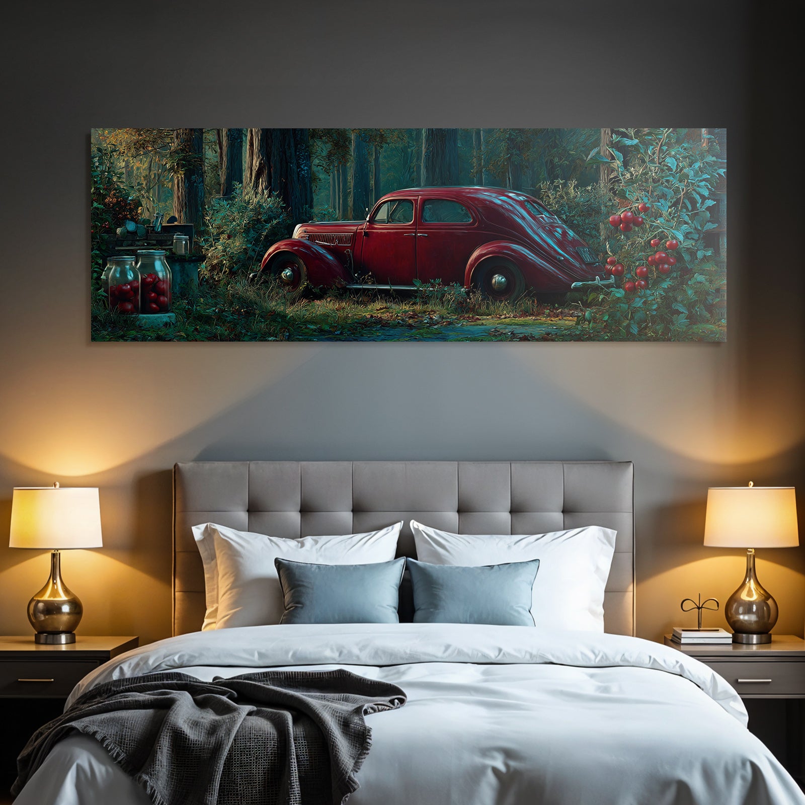 Forests and meadows. Vintage red car in the forest with natural light and shadow.