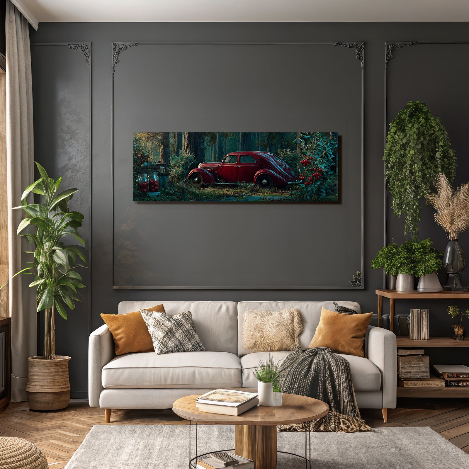 Forests and meadows. Vintage red car in the forest with natural light and shadow.