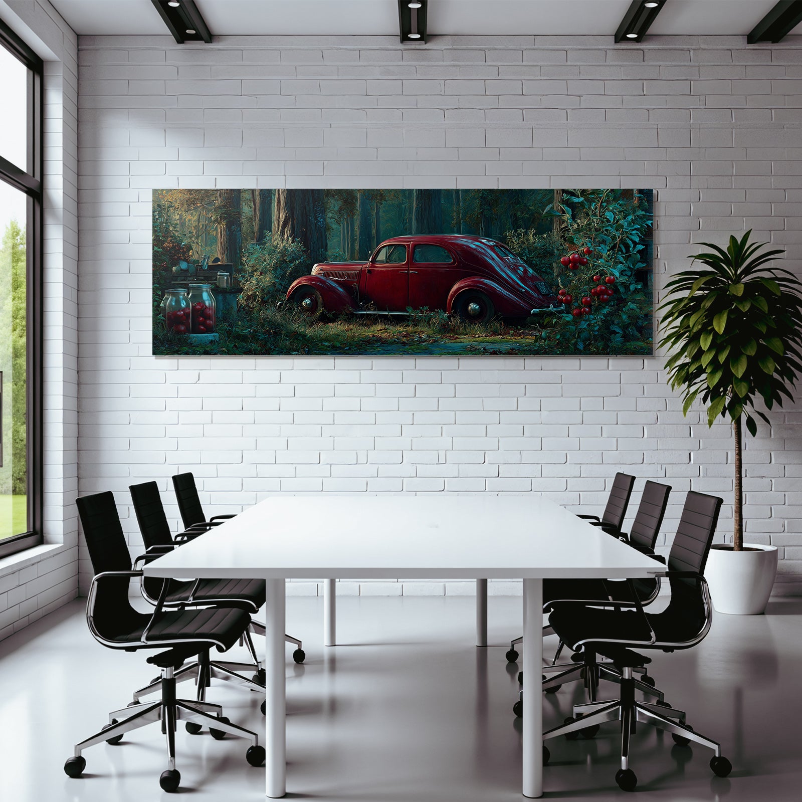 Forests and meadows. Vintage red car in the forest with natural light and shadow.