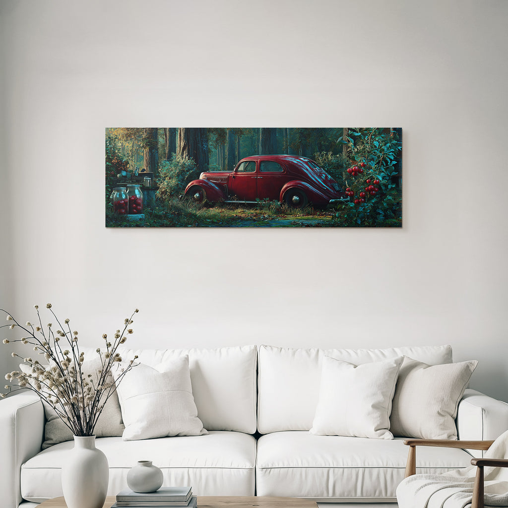 Wälder Und Wiesen Vintage Rotes Auto Im Wald Mit Naturlich Licht Und Schatten