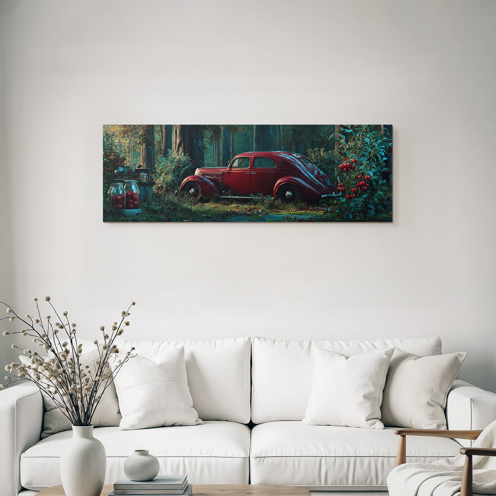 Forests and meadows. Vintage red car in the forest with natural light and shadow.