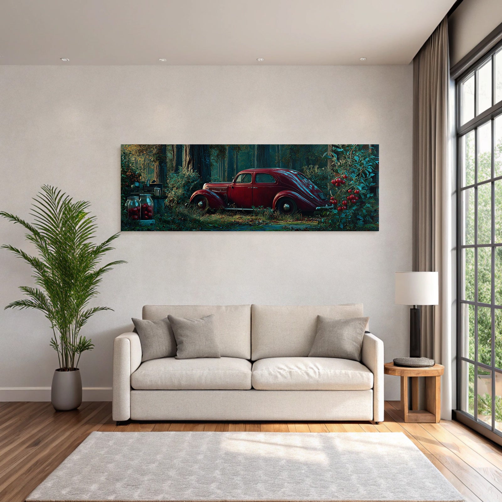 Forests and meadows. Vintage red car in the forest with natural light and shadow.