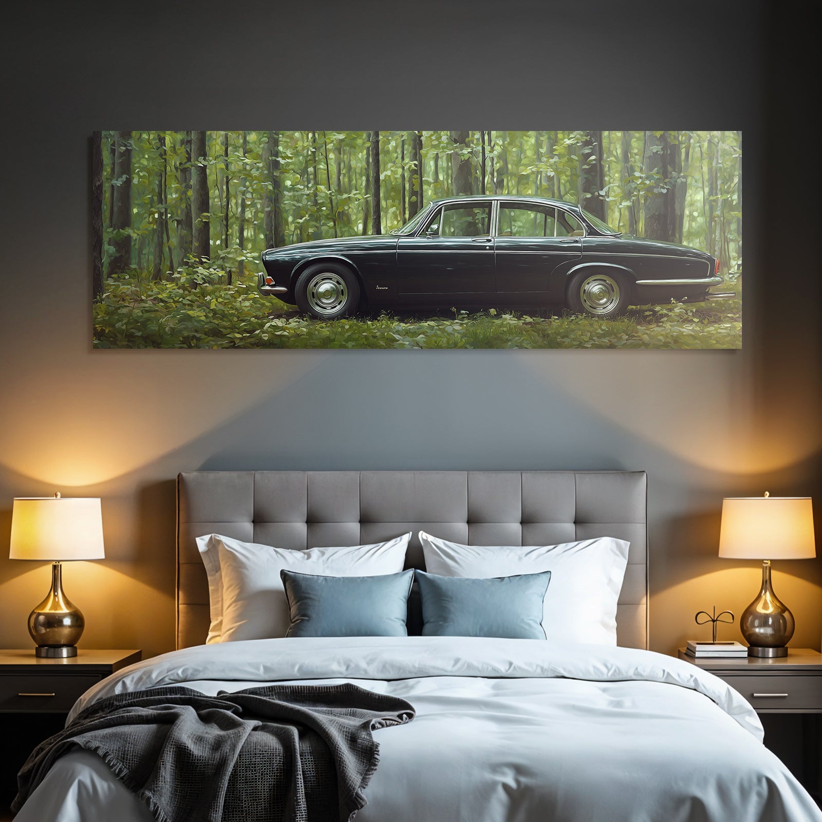 Forests and meadows. Vintage black car in the forest with green surroundings.