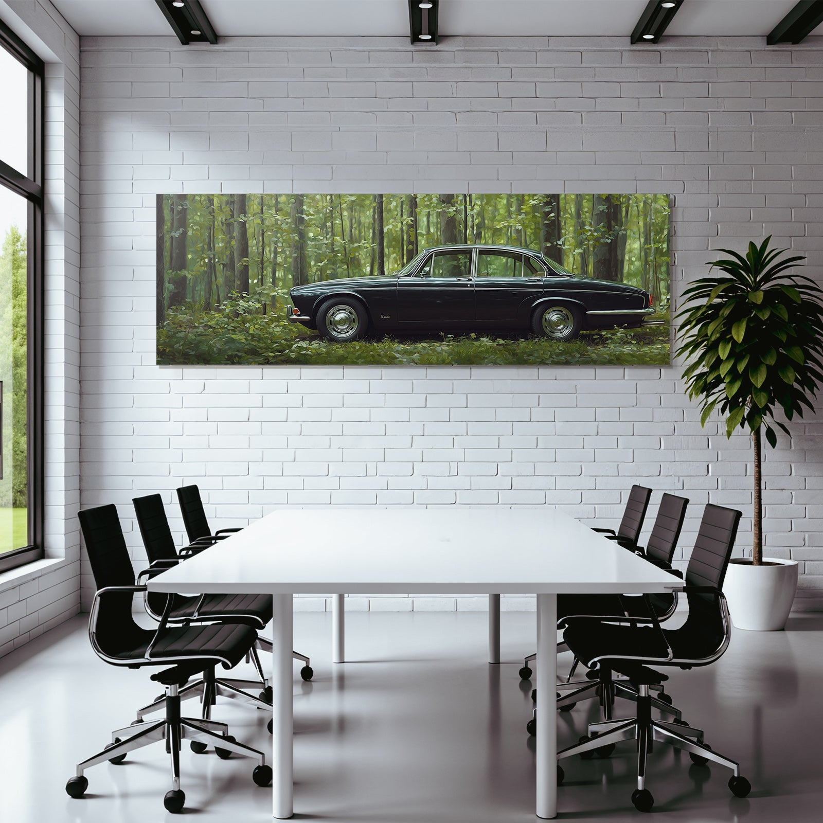 Forests and meadows. Vintage black car in the forest with green surroundings.