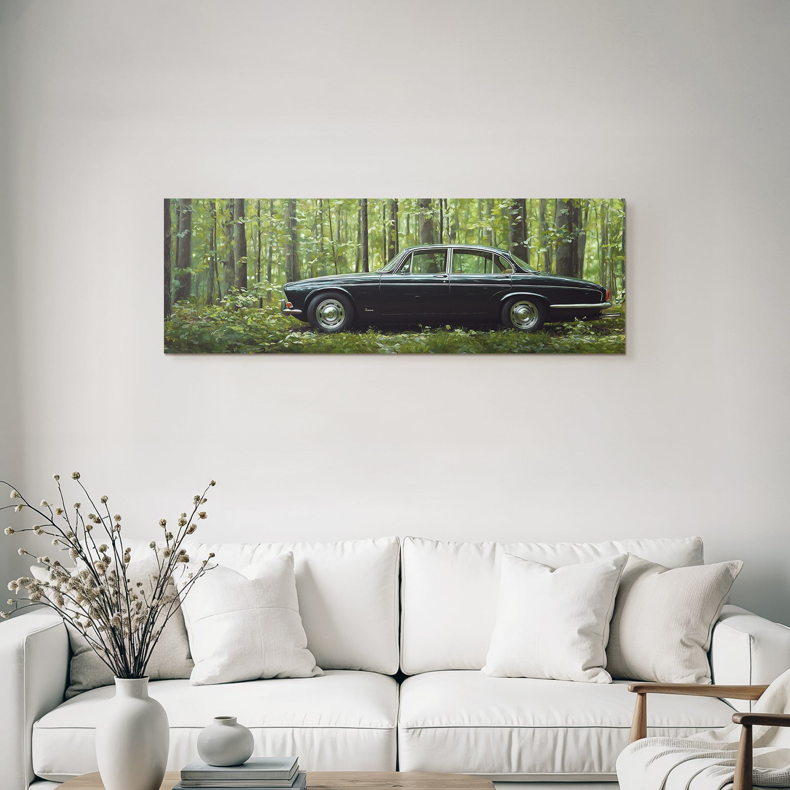 Forests and meadows. Vintage black car in the forest with green surroundings.