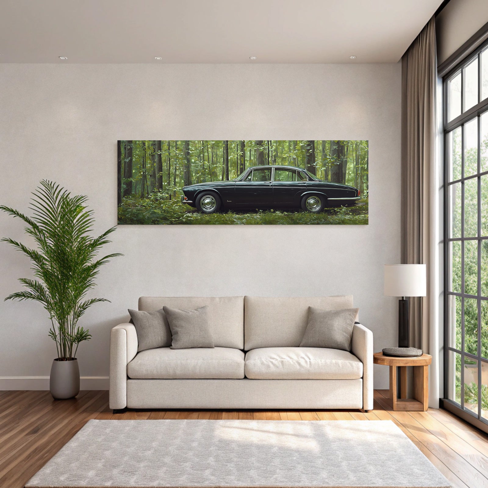 Forests and meadows. Vintage black car in the forest with green surroundings.